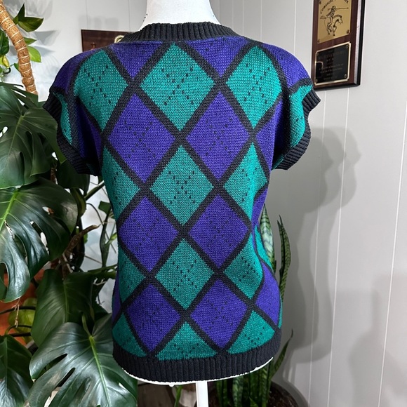 🛍️Vintage Katherine Haley green & Purple diamond checker sweater Size S - Picture 3 of 7